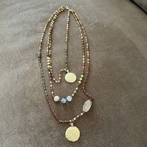 Triple Layer Necklace Boho Retro Gold Discs Multi Colors Beads